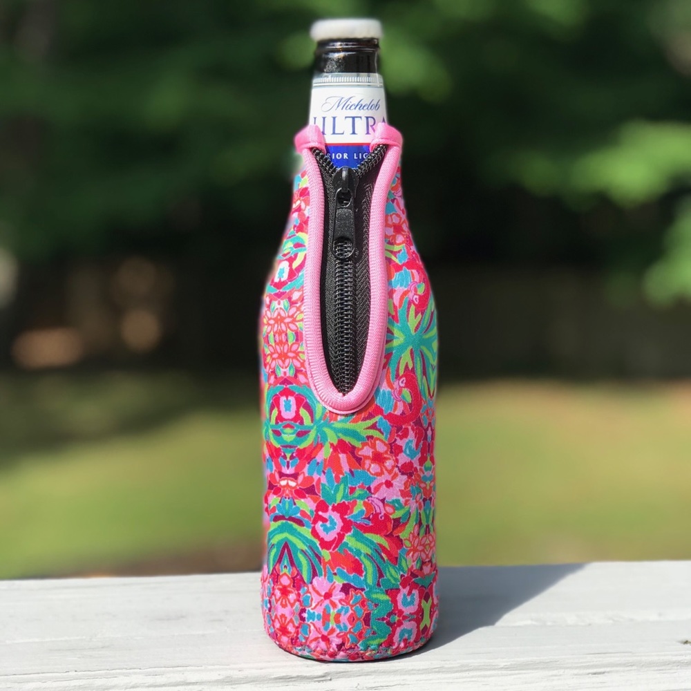 Get TWO! Red Flamingo design beer koozie New